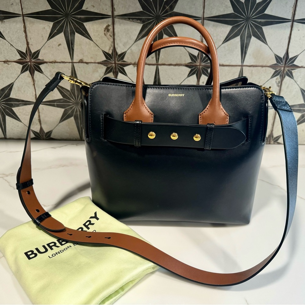 Authentic Burberry Smooth Calfskin Triple Stud Small Belt Bag Black Tan